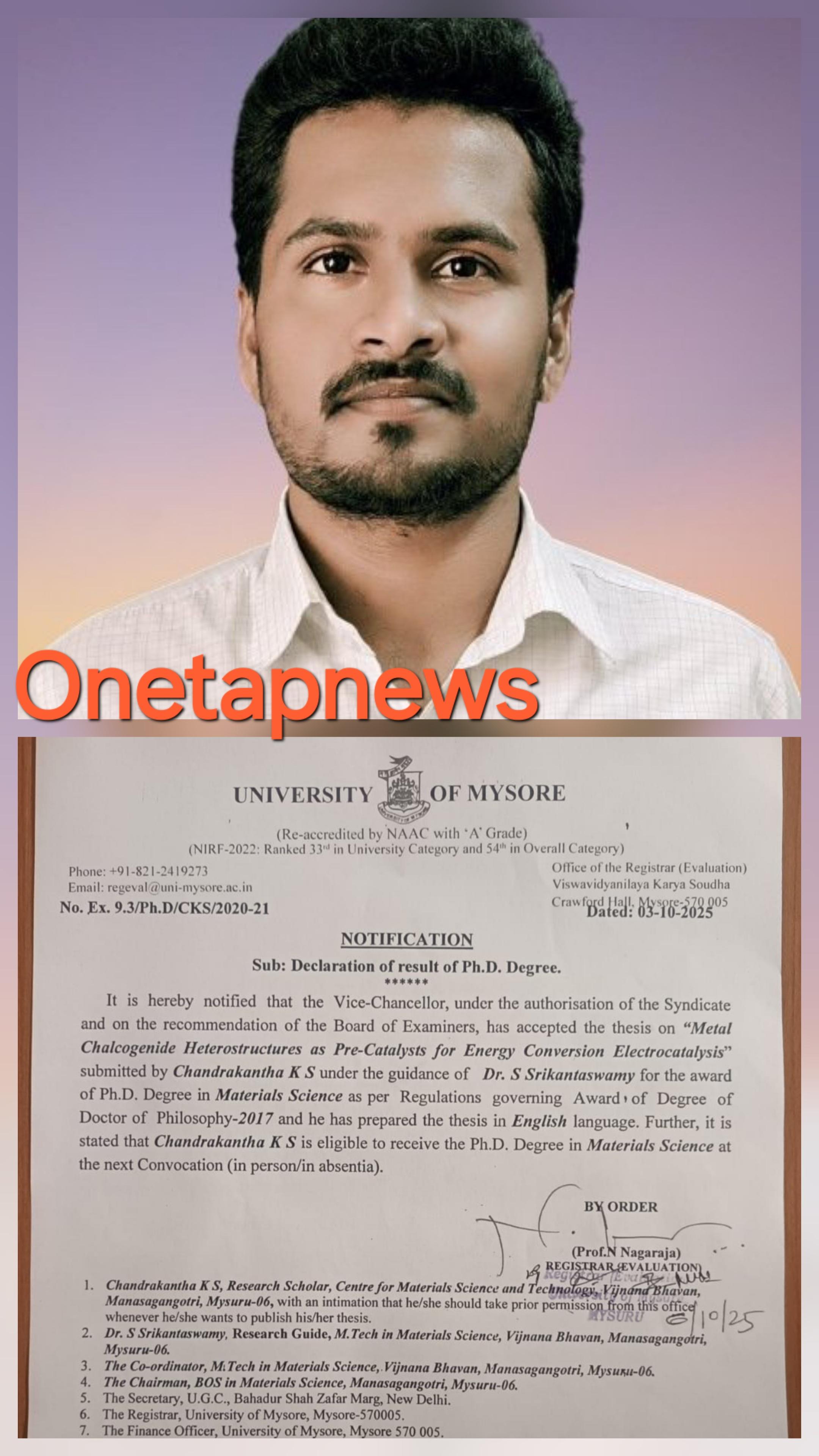 ಕೆ. ಎಸ್ ಚಂದ್ರಕಾಂತ್ ಗೆ ಪಿಎಚ್ ಡಿ ಪದವಿ.